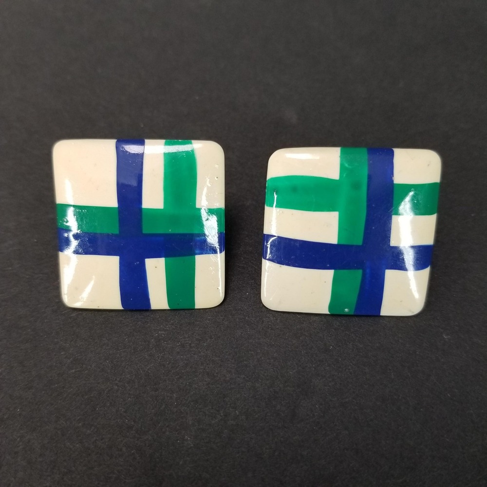 Vintage 80s Geometric Square Stud Earrings Blue Green Cream Enamel Like Style - Picture 4 of 4
